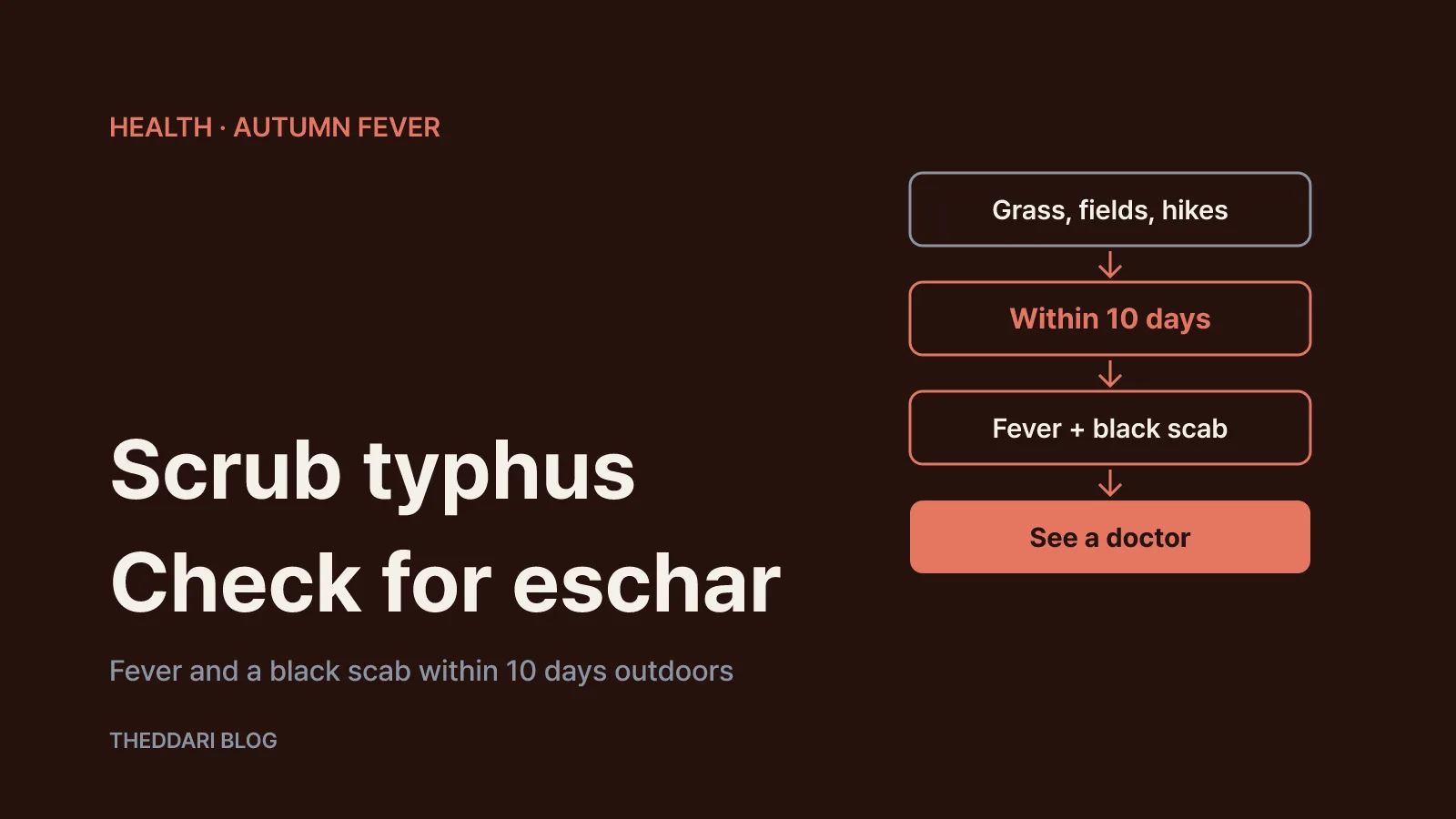 Flow from grass or field exposure to fever and an eschar within 10 days, then seeing a doctor