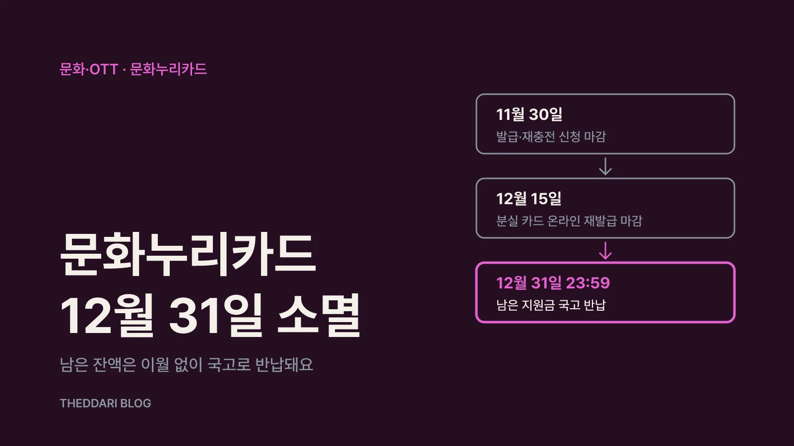 11월 30일 발급 마감과 12월 31일 잔액 소멸로 이어지는 문화누리카드 연말 일정 그림